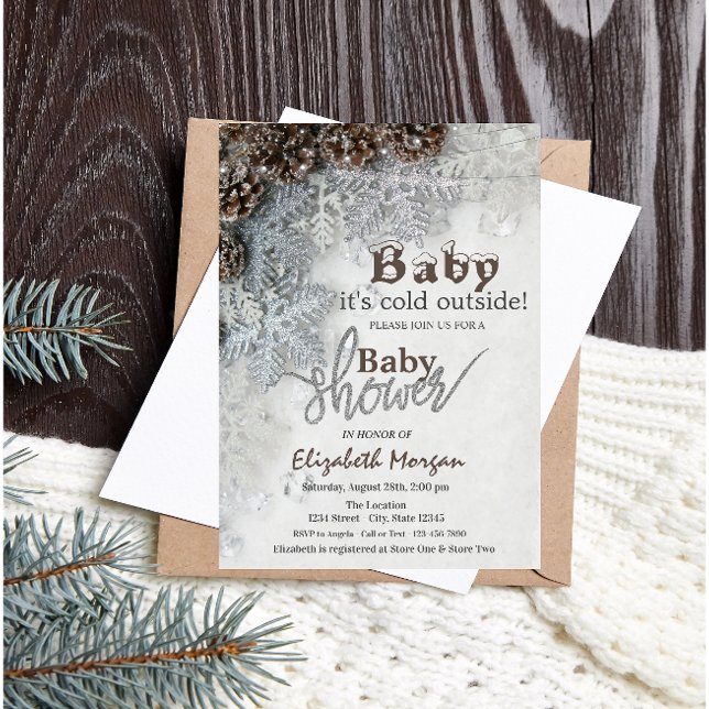 It's Cold Outside Pine Cones Snowflake Baby Shower Invitation (Creator Uploaded)