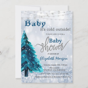 It's Cold Outside Pine Tree Bokeh Baby Shower In Invitation