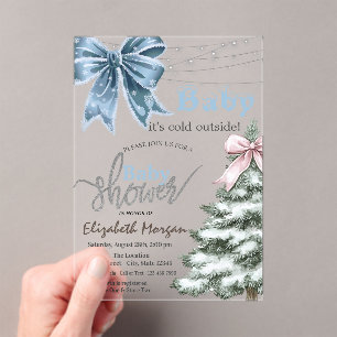 It's Cold Outside Pine Tree Bow Baby Shower Acrylic Invitations