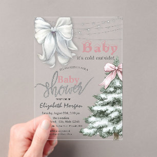 It's Cold Outside Pine Tree White Bow Baby Shower Acrylic Invitations