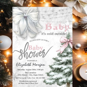 It's Cold Outside Pine Tree White Bow Baby Shower Invitation