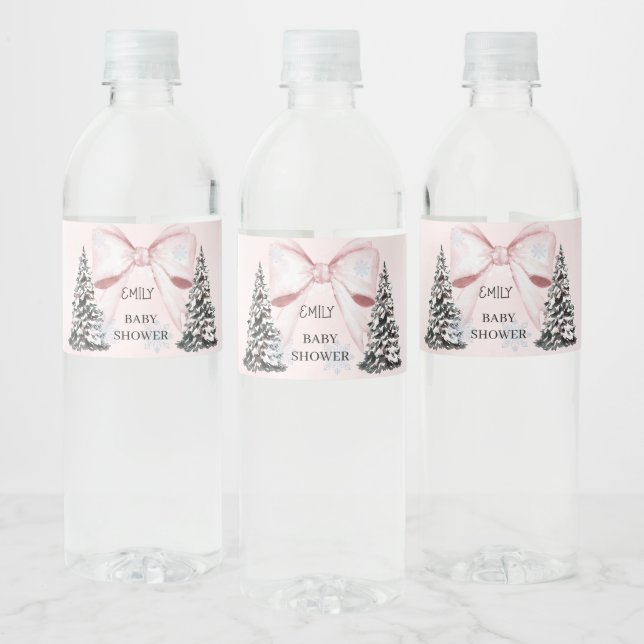 It's Cold Outside Pink Bow Baby Shower  Water Bottle Label (Bottles)