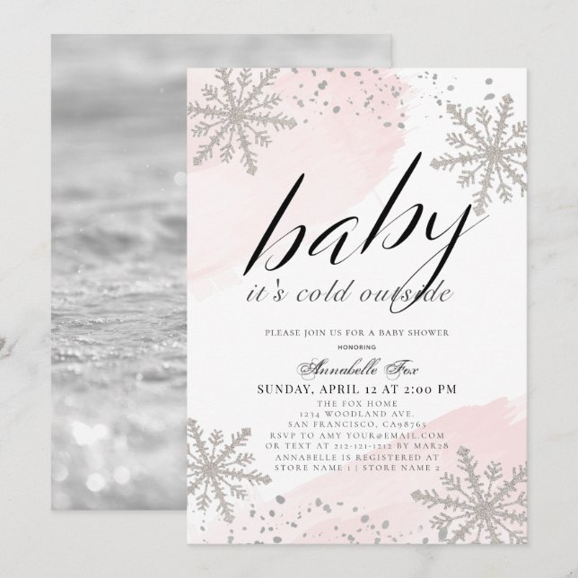 It's Cold Outside Pink Watercolor Baby Shower Invitation (Front/Back)