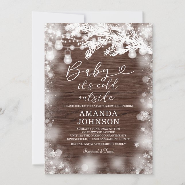 Its Cold Outside Snowflake Winter Wood Baby Shower Invitation (Front)