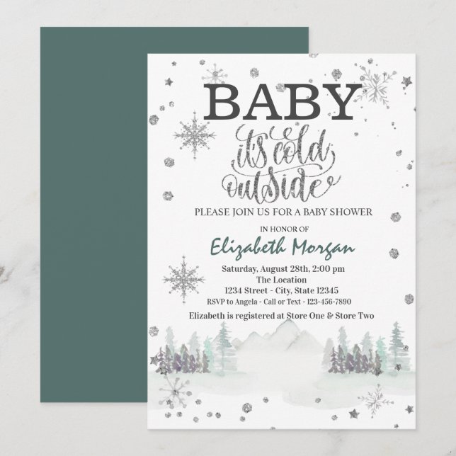 It's Cold Outside Snowflakes Forest Baby Shower Invitation (Front/Back)