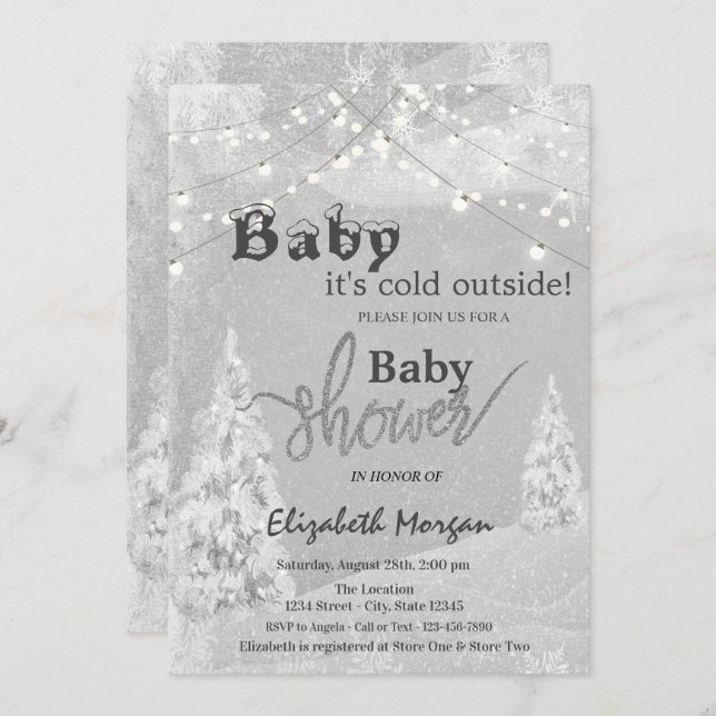 It's Cold Outside Winter Forest Grey Baby Shower Invitation (Front/Back)