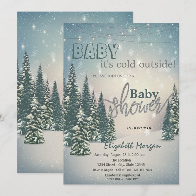 It's Cold Outside Winter Pine Trees Baby Shower Invitation (Front/Back)