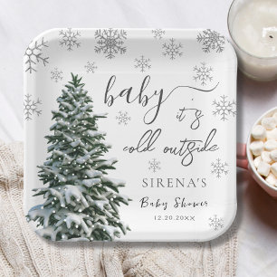 It's Cold Outside Winter Tree Grey Baby Shower Paper Plate