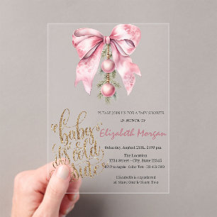 It's Cold Pink Bow Christmas Balls Baby Shower Acrylic Invitations