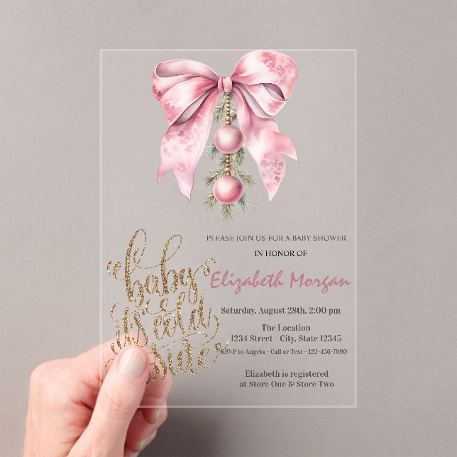 It's Cold Pink Bow Christmas Balls Baby Shower   Acrylic Invitations (Insitu (Handheld))