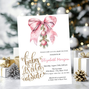 It's Cold Pink Bow Christmas Balls Baby Shower   Invitation