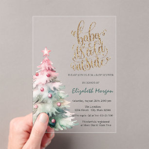 It's Cold Watercolor Pink Pine Tree Baby Shower Acrylic Invitations