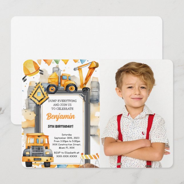 It's Construction Birthday Photo Invitation (Front/Back)