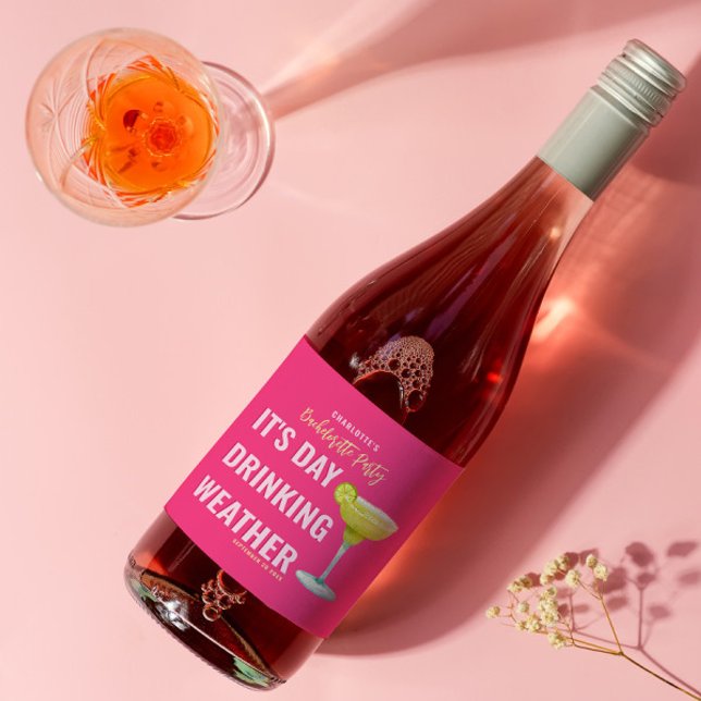 It's Day Drinking Weather Hot Pink Bachelorette Wine Label (Creator Uploaded)