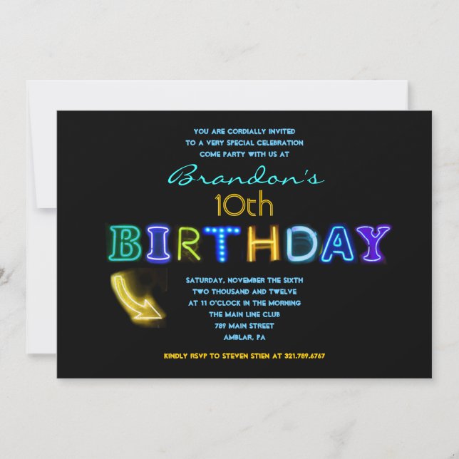 IT'S ELECTRIC! Neon 10th Birthday Party Invite (Front)