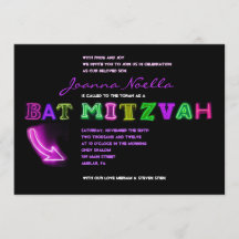 IT'S ELECTRIC!  NEON SIGN Bat Mitzvah Invitation