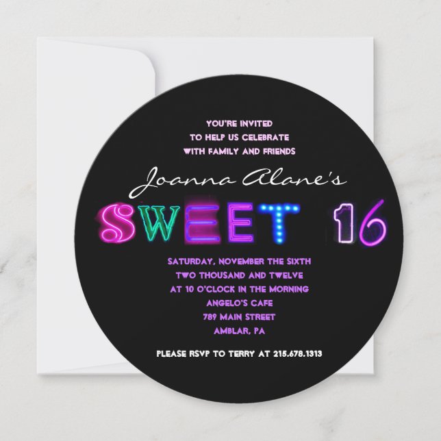 IT'S ELECTRIC! NEON SIGN Sweet Sixteen Invitation (Front)