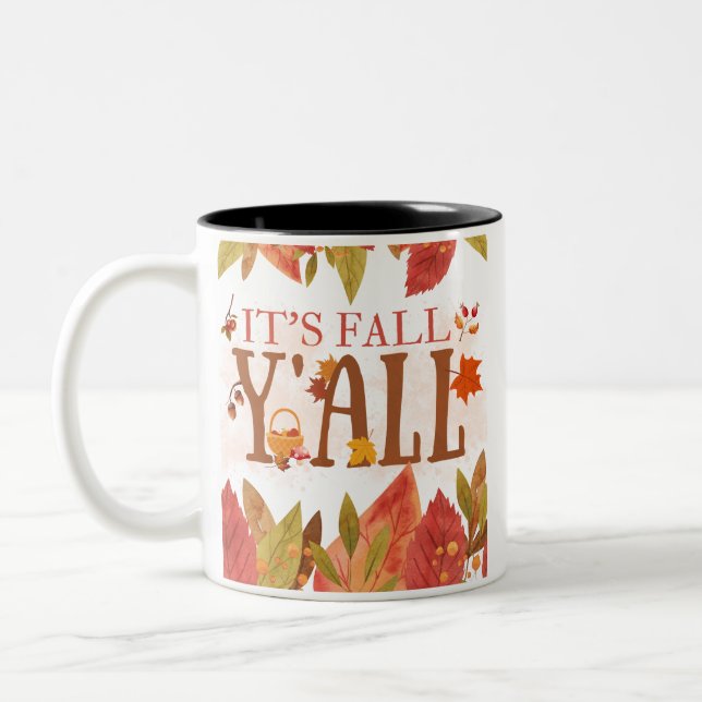 It's Fall Y'all Autumn Leaves Fall Season Saying  Two-Tone Coffee Mug (Left)