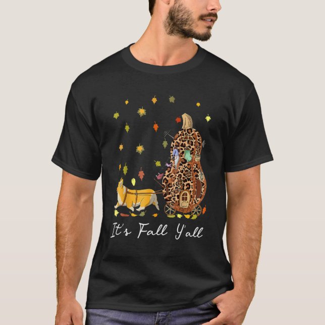 It's Fall Y'All Corgi Gnome & Pumpkin Leopard Than T-Shirt (Front)