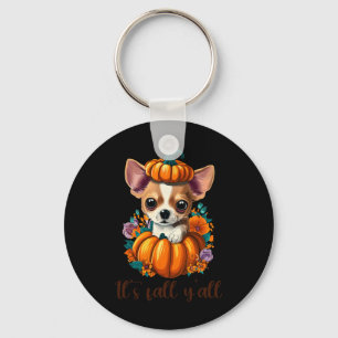 Its Fall Y'all Cute Floral Pumpkin Chihuahua Hallo Key Ring