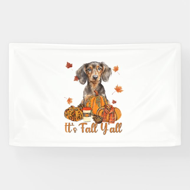 Its Fall Y'all Dachshund Dog Fall Scarf Autumn Pum Banner (Horizontal)