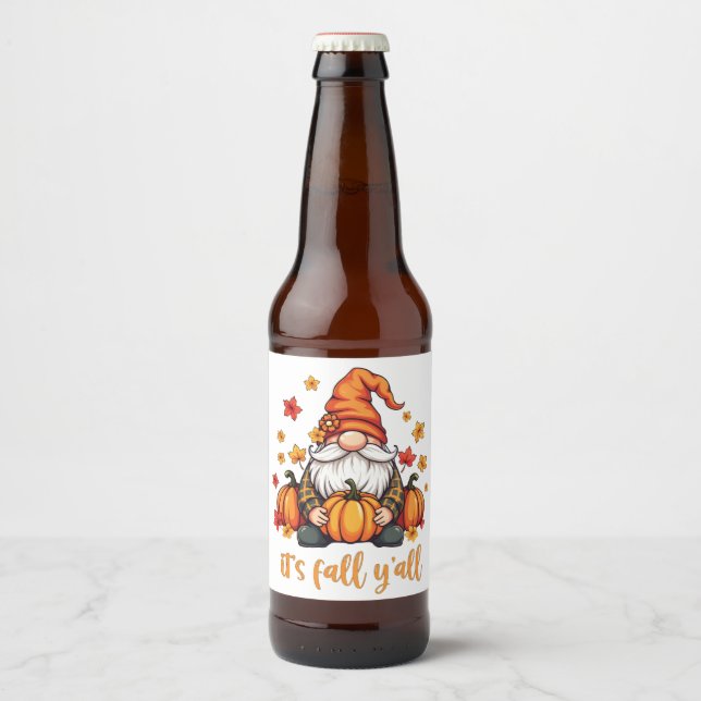 It's Fall Y'all Gnomes Pumpkin Autumn Thanksgiving Beer Bottle Label (Front)