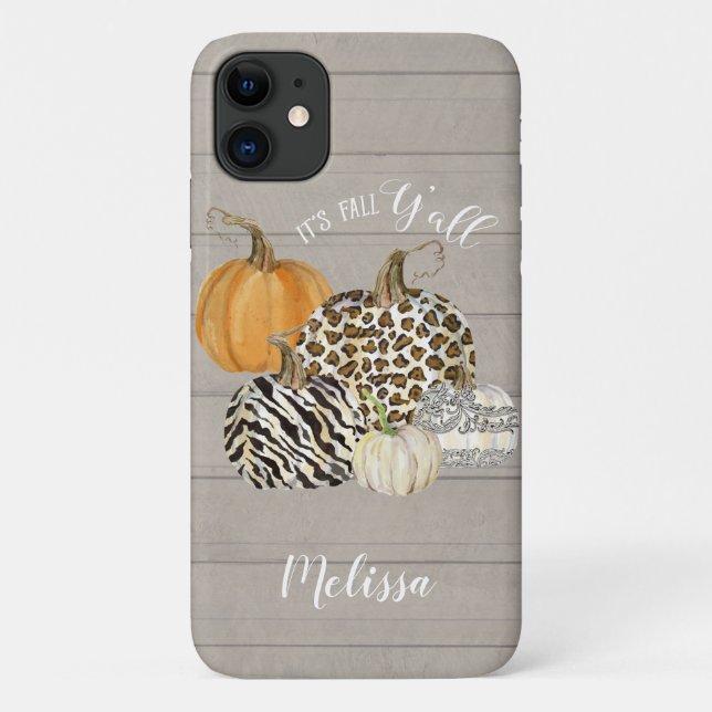 Its Fall Y'all Leopard Zebra Pumpkins w Grey Wood Case-Mate iPhone Case (Back)
