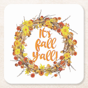 It's Fall Y'all Orange Autumn Leaves Square Paper Coaster