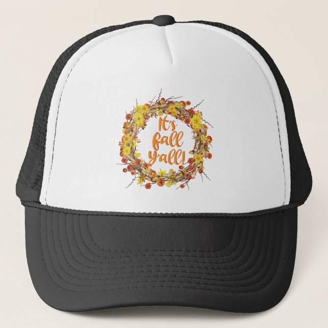 It's Fall Y'all Orange Autumn Leaves Trucker Hat (Front)