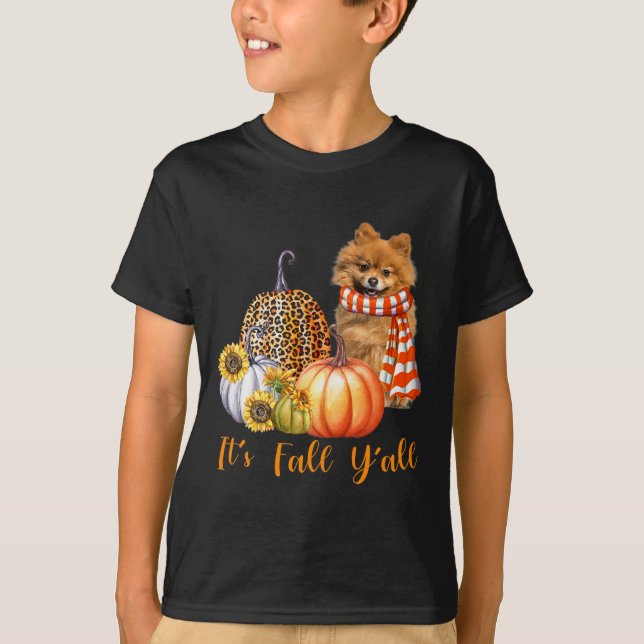 It's Fall Y'all Pomeranian Dog Leopard Pumpkin Fal T-Shirt (Front)