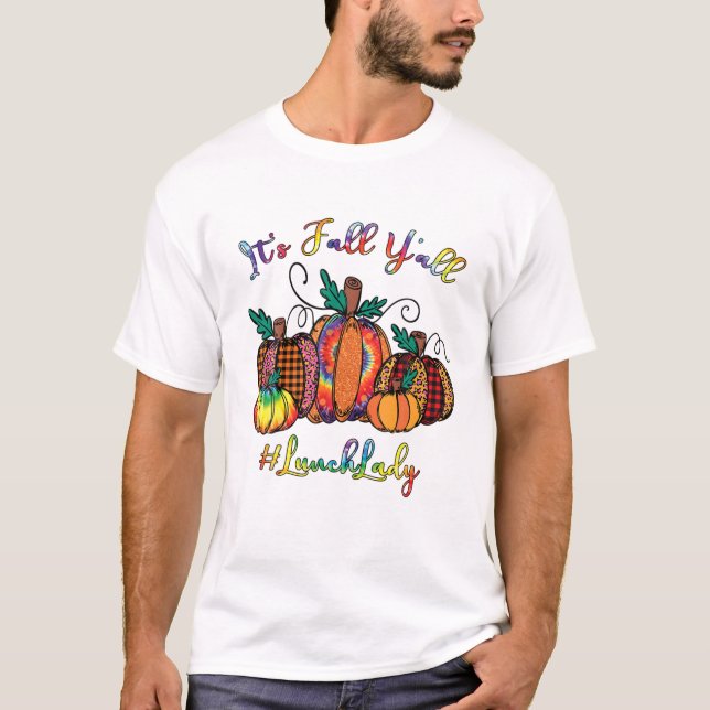 It's Fall Y'all Pumpkins Lunch Lady Tie Dye Leopar T-Shirt (Front)