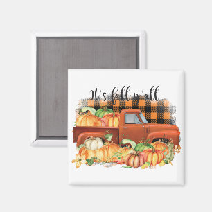 Its Fall Yall Quote   Vintage Truck with Pumpkins Magnet