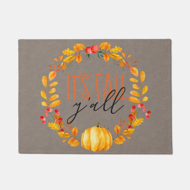 It's Fall Y'all Rustic Pumpkin Leaf Autumn Doormat (Front)