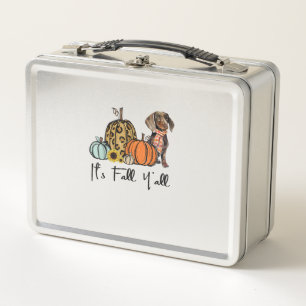 It's Fall Y'all Yellow Dachshund Dog Leopard Pumpk Metal Lunch Box