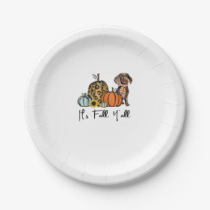 It's Fall Y'all Yellow Dachshund Dog Leopard Pumpk Paper Plate