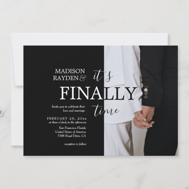 It's Finally Time Stylish Black White Wedding Invitation (Front)