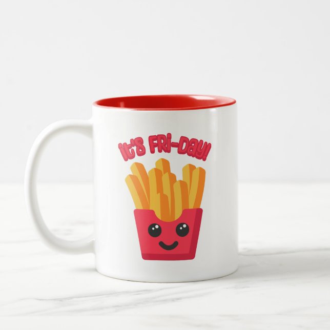It's Fri-Day! Cute French Fry Cartoon Two-Tone Coffee Mug (Left)