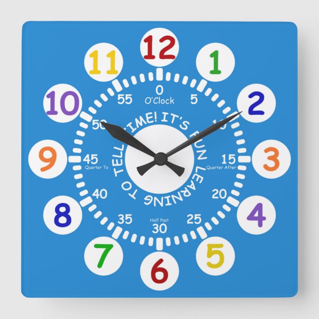 It's Fun Learning To Tell Time! Square Wall Clock (Front)