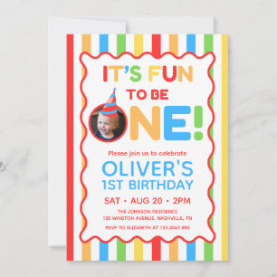 Its Fun To Be One Colorful 1st Birthday Photo Invitation