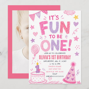 Its Fun To be One Doodle Pink Girl Photo Birthday Invitation
