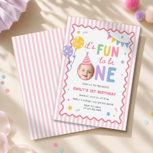 Its Fun To Be One Girl Pink Colourful 1st Birthday Invitation
