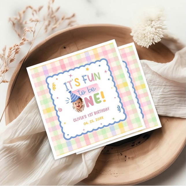 It's Fun to Be One Pastel Gingham Birthday Napkins (Creator Uploaded)