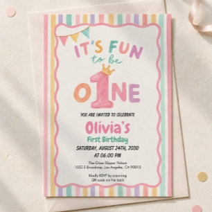 It's Fun to Be One Pastel Stripes First Birthday Invitation