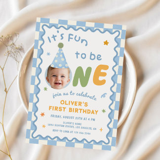 Its Fun To Be One Photo Boy 1st Birthday Invitation