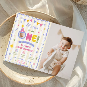Its Fun To Be One Photo Boy 1st Birthday Photo Invitation