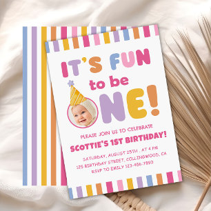 It's Fun To Be One Photo Colorful 1st Birthday Invitation
