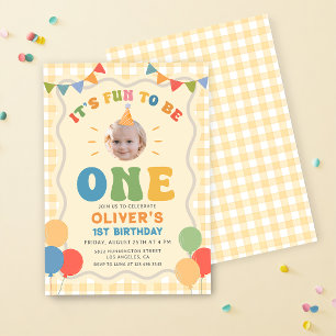 Its Fun To Be One Photo Colorful 1st Birthday Invitation