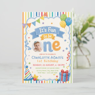 Its Fun To Be One Photo Colourful 1st Birthday Invitation