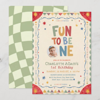 Its Fun To Be One Photo Colourful 1st Birthday Invitation