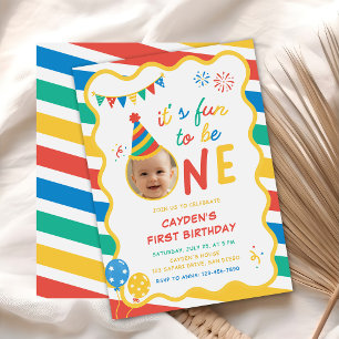 It's Fun To Be One Photo Colourful 1st Birthday Invitation